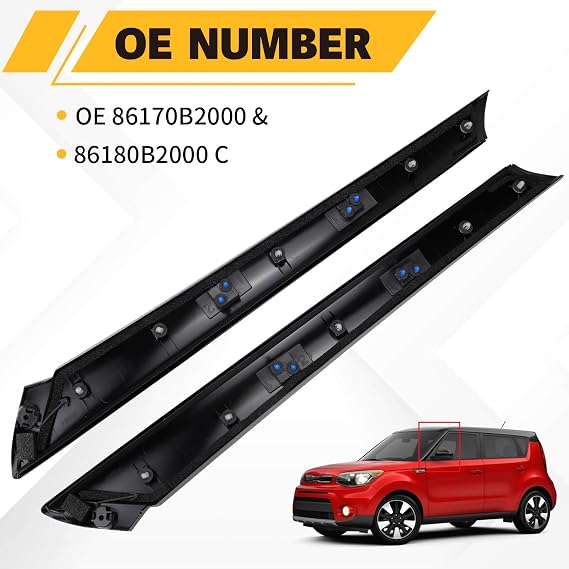 Windshield Trim Pillar LH RH 2P Black Plastic Polyurethane (PU) Compatible with 2014-2019 Kia Soul, OE 86170B2000 & 86180B2000 C