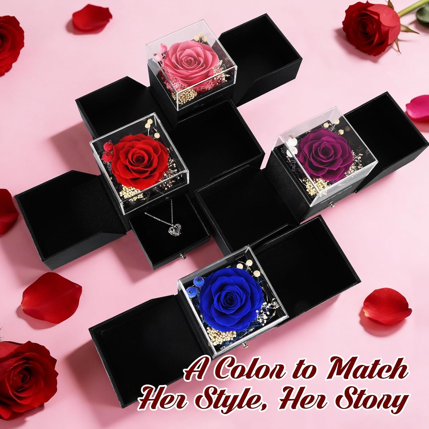 TranquilBliss Preserved Real Red Rose Gift Box with Heart Necklace, “I Love You” in 100 Languages, Romantic Gift for Wife or Girlfriend, Birthday, Anniversary or Special Occasion Gift for Her