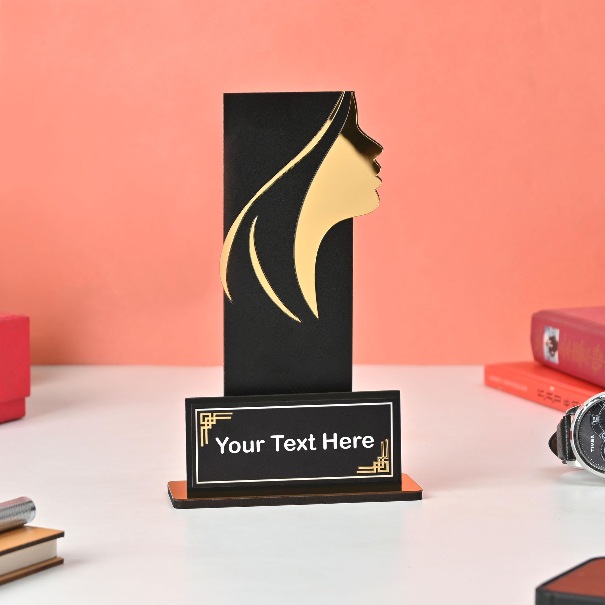 GKD Personalized Black Acrylic Women’s Trophy – Printed Custom Name & Message | Female Achievement Award, Corporate Recognition, Leadership Gift