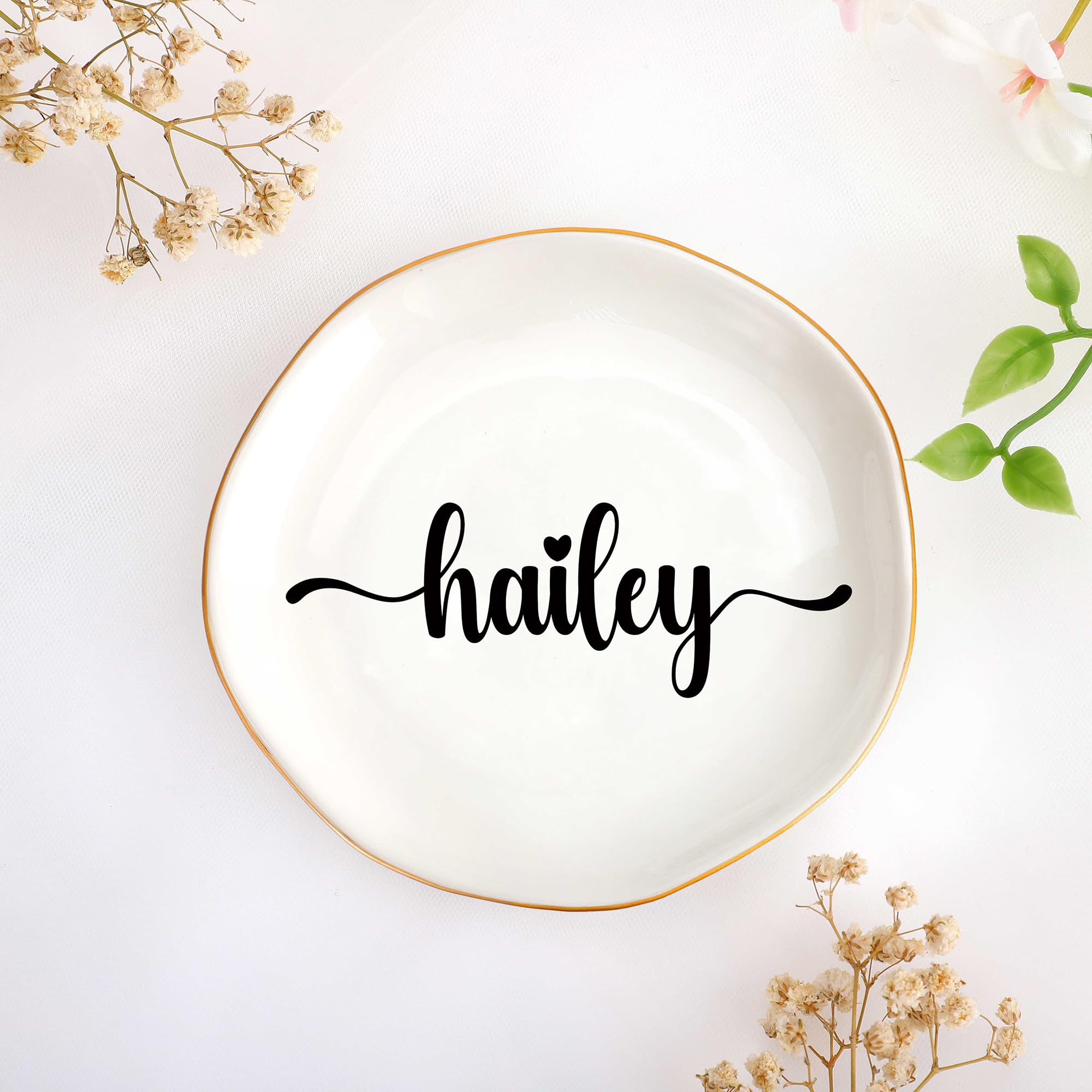 JoycuFF Hailey Personalized Name Ceramic Jewelry Tray, Mothers Day Christmas Anniversary Engagement Birthday Gifts for Women Couples, Trinket Dish for Rings Earrings Necklaces Bracelets Keys