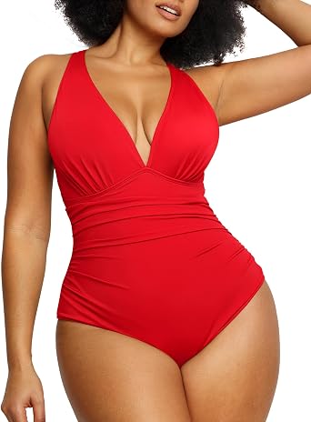 SHAPELLX Tummy Control Swimsuits for Women Shapewear Bathing Suit Ruched Plunge Cut Out Swimsuit One Piece Swimwear