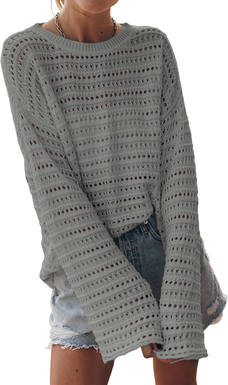 Sidefeel Womens Fall Sweaters 2025 Lightweight Casual Long Sleeve Crochet Hollow Out Knit Pullover Tops Clothing
