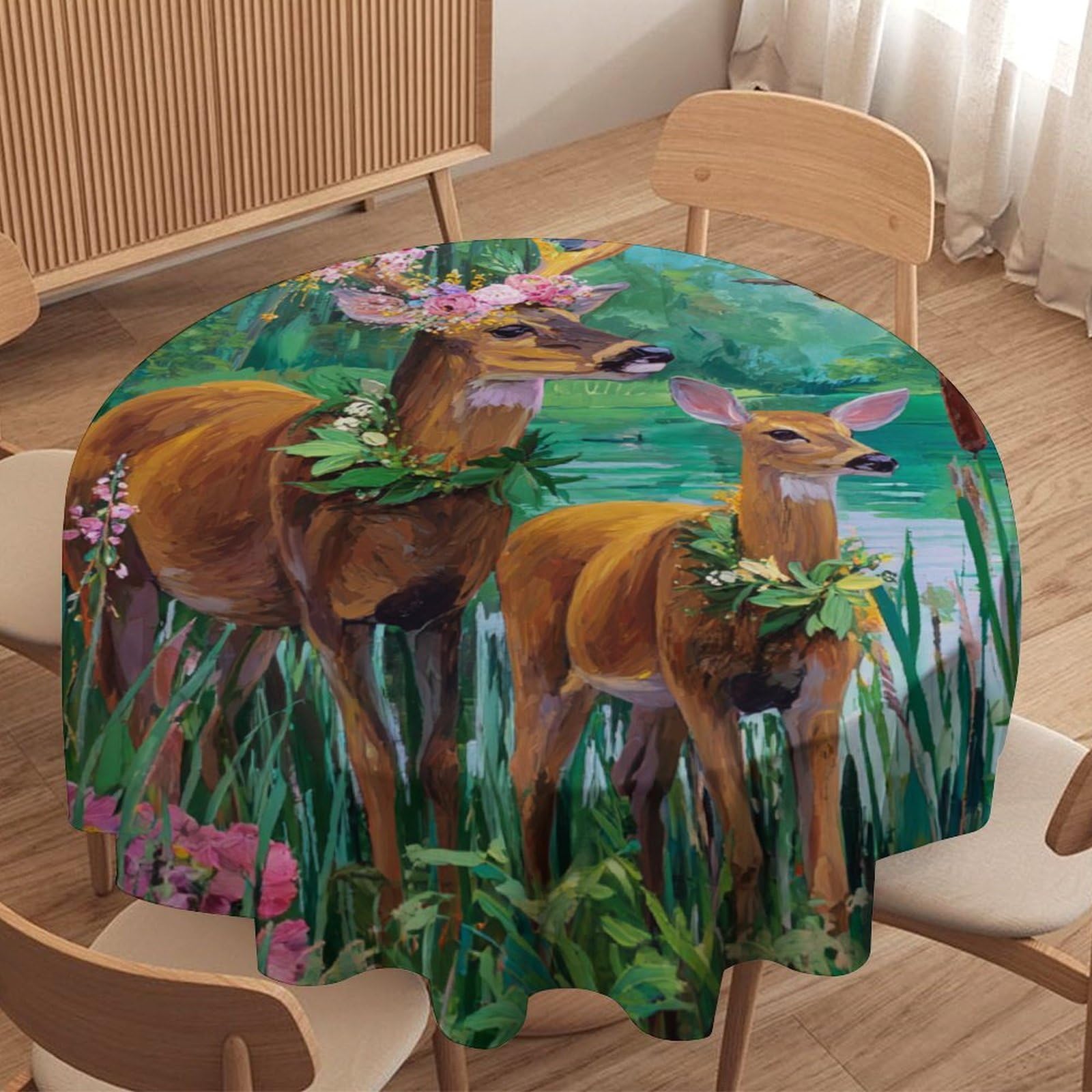Luyysky Vintage Realistic Animals Deer Round Tablecloth Modern Aesthetic Hunting Theme Plants Flowers Wildlife Elk Bird Washable Decor For Table Cover For Kitchen-127 Wx127 L Cm