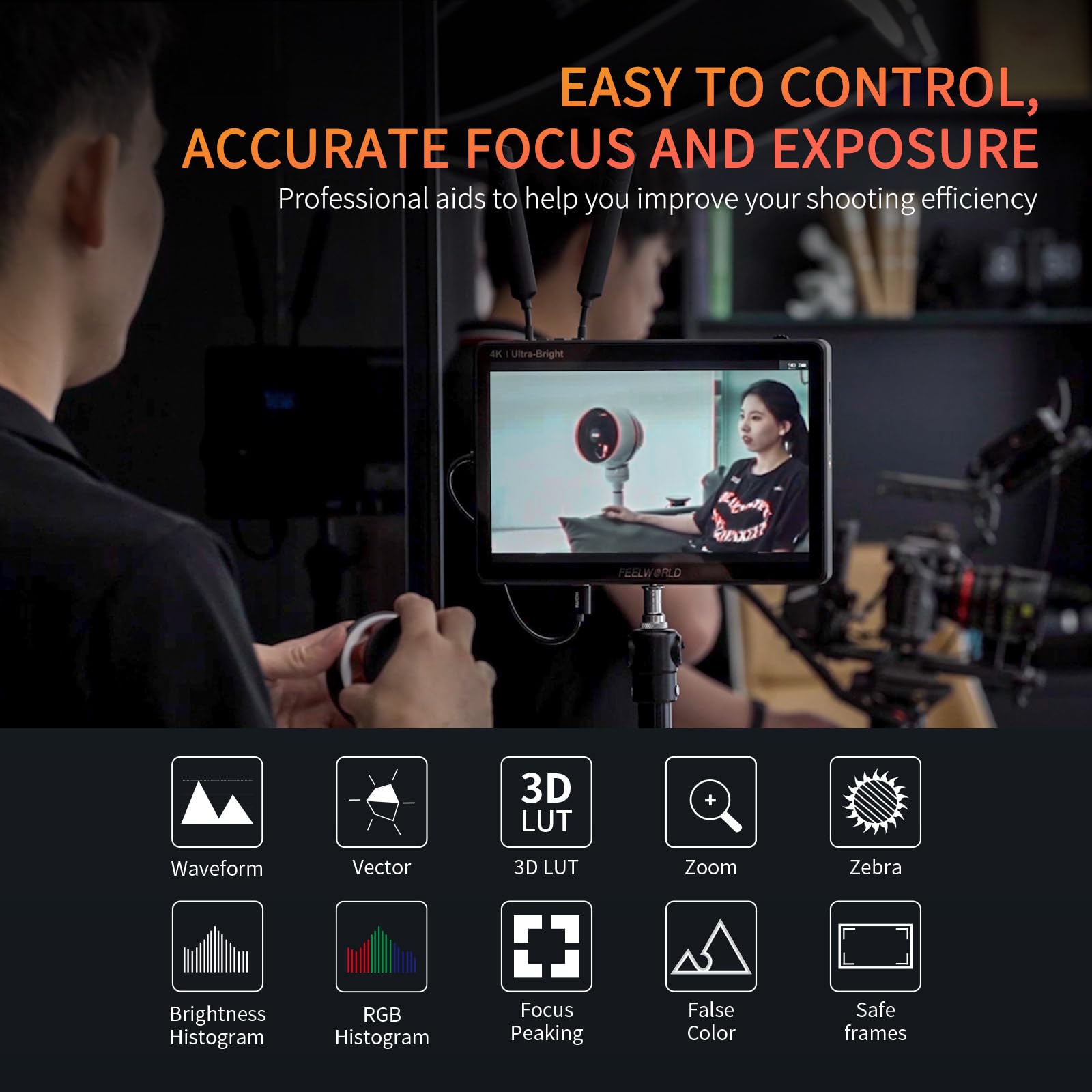 FEELWORLD LUT11H Camera Field Monitor 10,1 pollici touch 2000 nit ultra luminoso per reflex digitali con forma d'onda LUT F970 Kit di installazione e alimentazione Uscita ingresso HDMI