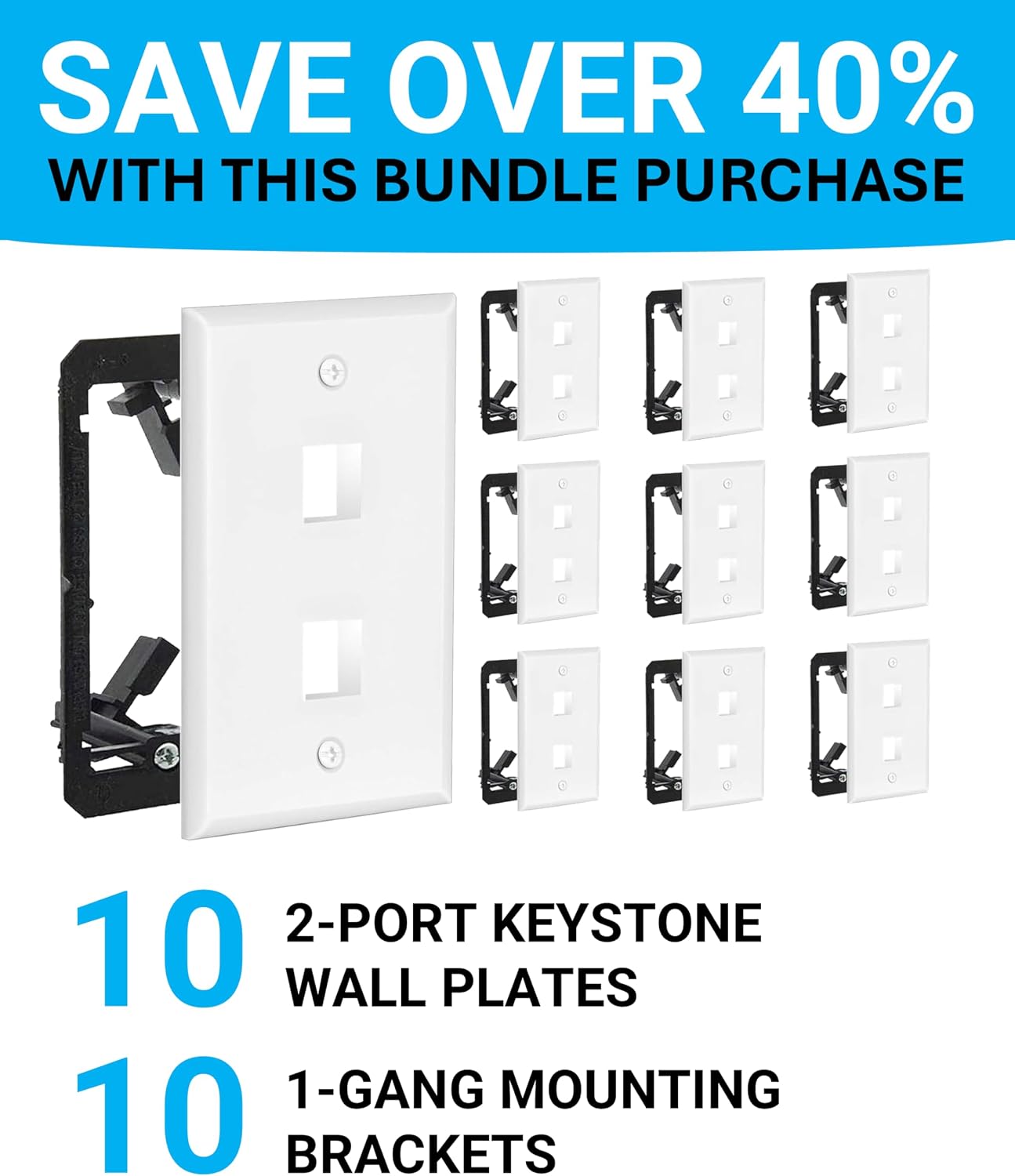 DIYTECH 2 Port Keystone Wall Plate, 10-Pack, Includes Low Voltage Mounting Brackets, for RJ45, Ethernet and Other Keystones, White