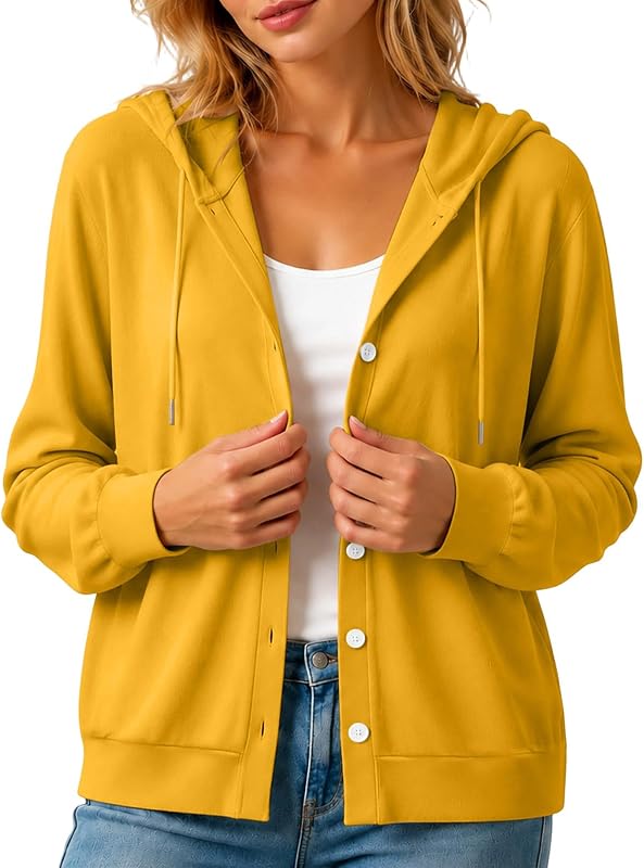Women's Lightweight Button Down Cardigan with Hood Long Sleeve Tops