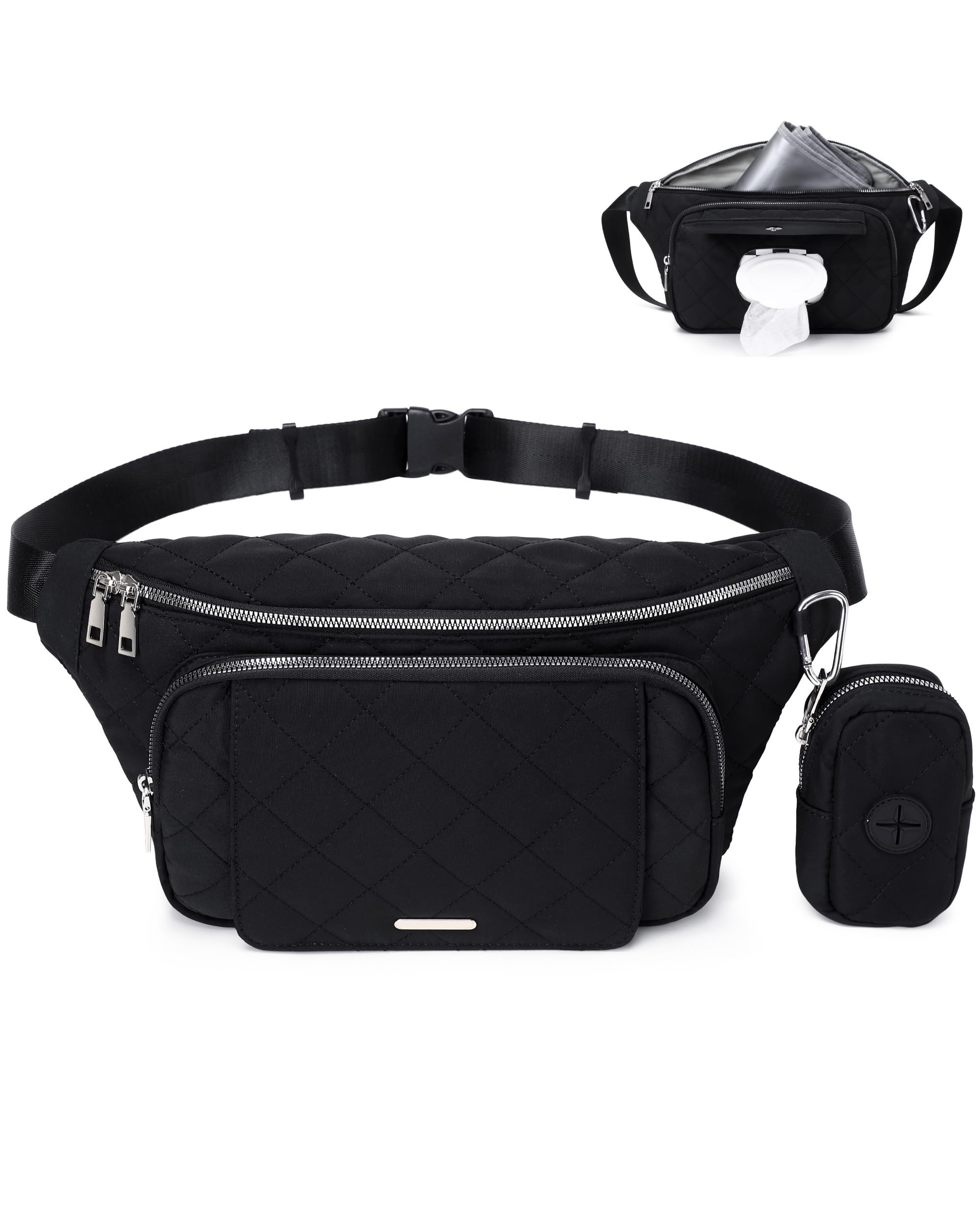 Small Diaper Bag Fanny Pack - Baby Bag with Waterproof Changing Pad and Wipes Dispenser Quilted Nylon Crossbody Bags for Mom Baby Compact Diaper Purse Cross Body Purses, K104-Black-image-8