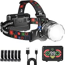 Rechargeable LED Headlamp, Powerful Headlamp with 5 Modes, Motion Sensor, Warning Light, Battery 9000 mAh IP65 Waterproof Head Lamp for Camping Fishing