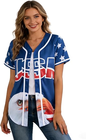 American Flag Button Down Shirt USA Baseball Jersey for Women Patriotic Shirts 4th of July Casual Tee Blouse Tops