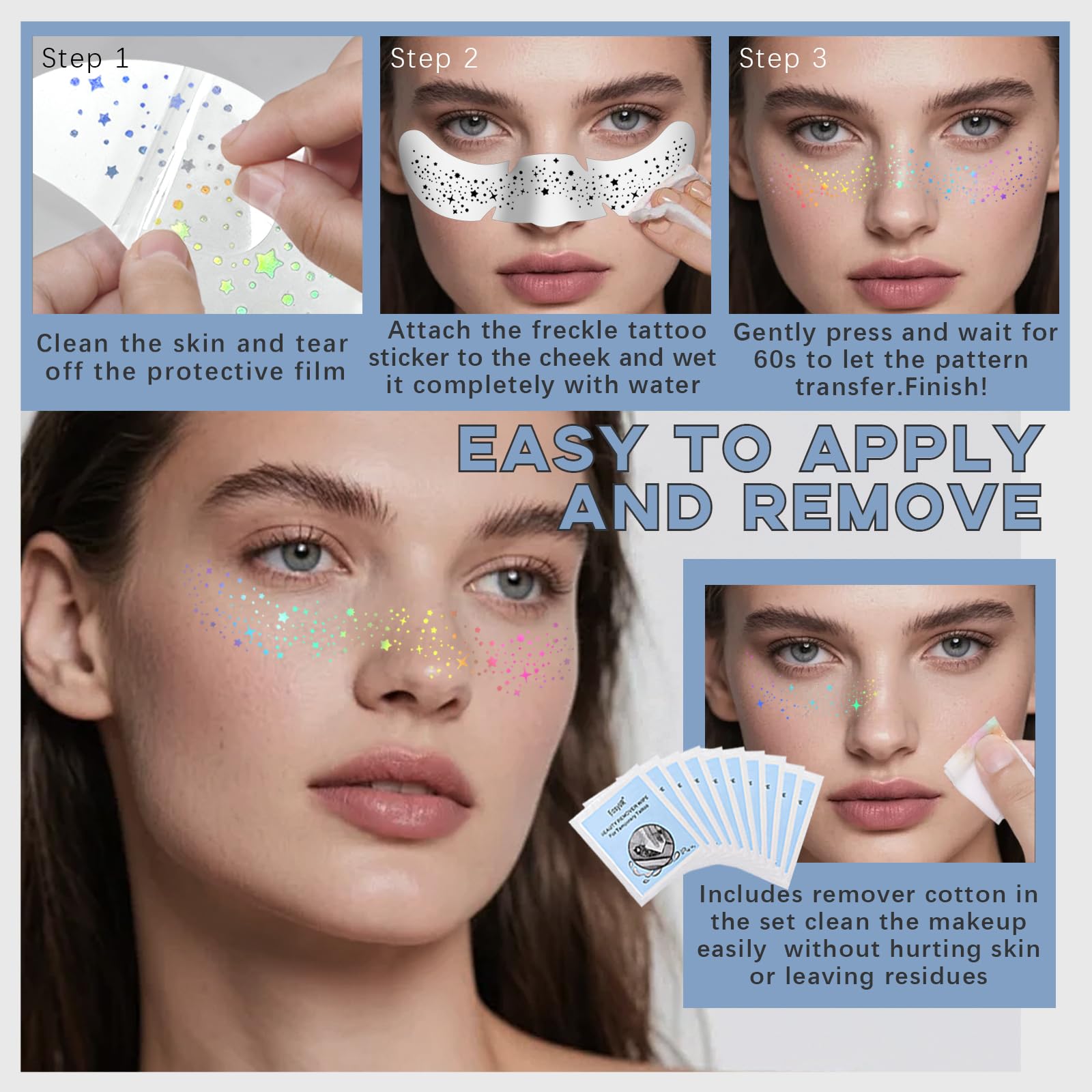 Noerrors 6pcs Glitter Freckles Face Tattoo, Multichrome Holographic Sparkle Face Glitter Speckles Patches - Image 4
