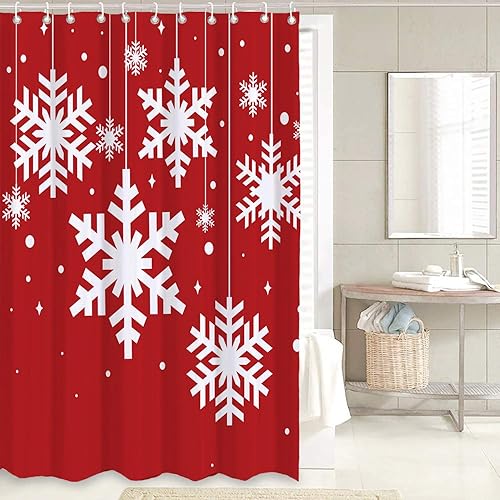 Miniatura 3 de GRIEKOWE Juego de 4 cortinas de ducha con diseño de copos de nieve de Navidad, color rojo, con alfombras antideslizantes, cubierta para tapa de