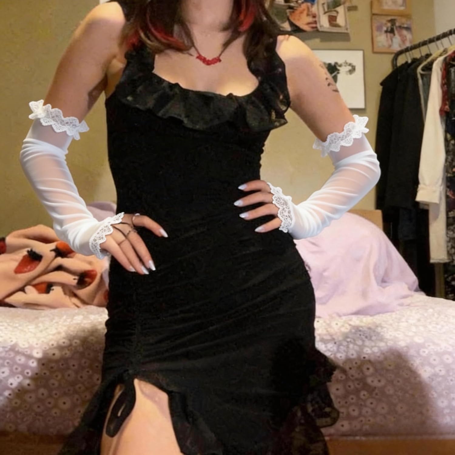 Women's Long Fingerless Opera Gloves, Elbow Length, Tulle Mesh Sheer Gloves for Wedding, Bridal Prom Costume