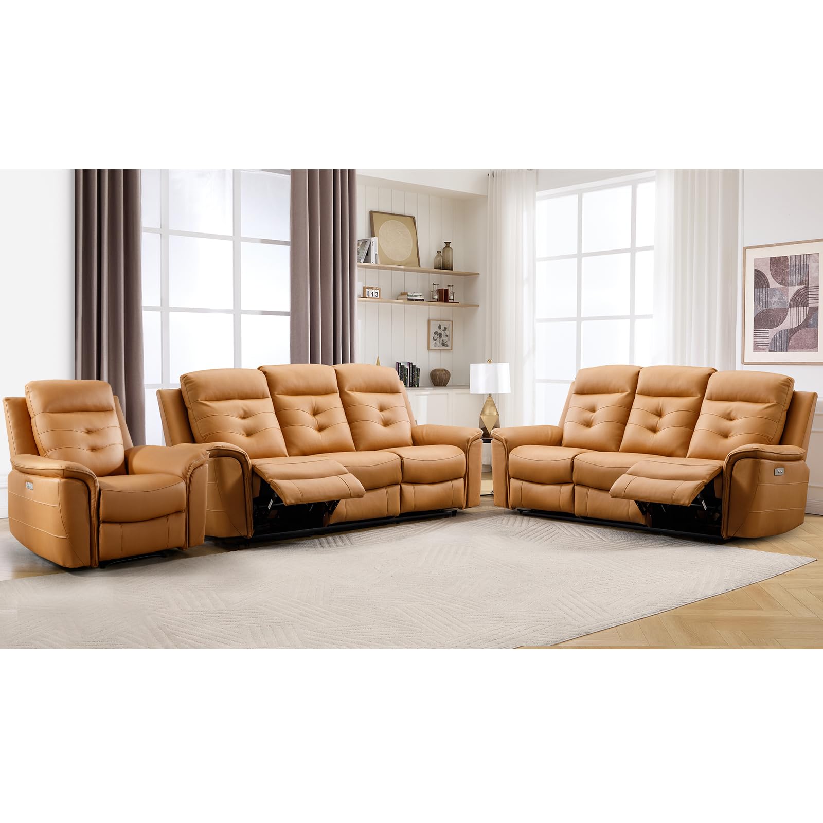 ANJ 3-Piece Faux Leather Power Recliner Sofa Set with USB Charging Ports, Include Single Large Recliner Chair and 2 3-Seater Reclining Couches for Living Room, Yellow