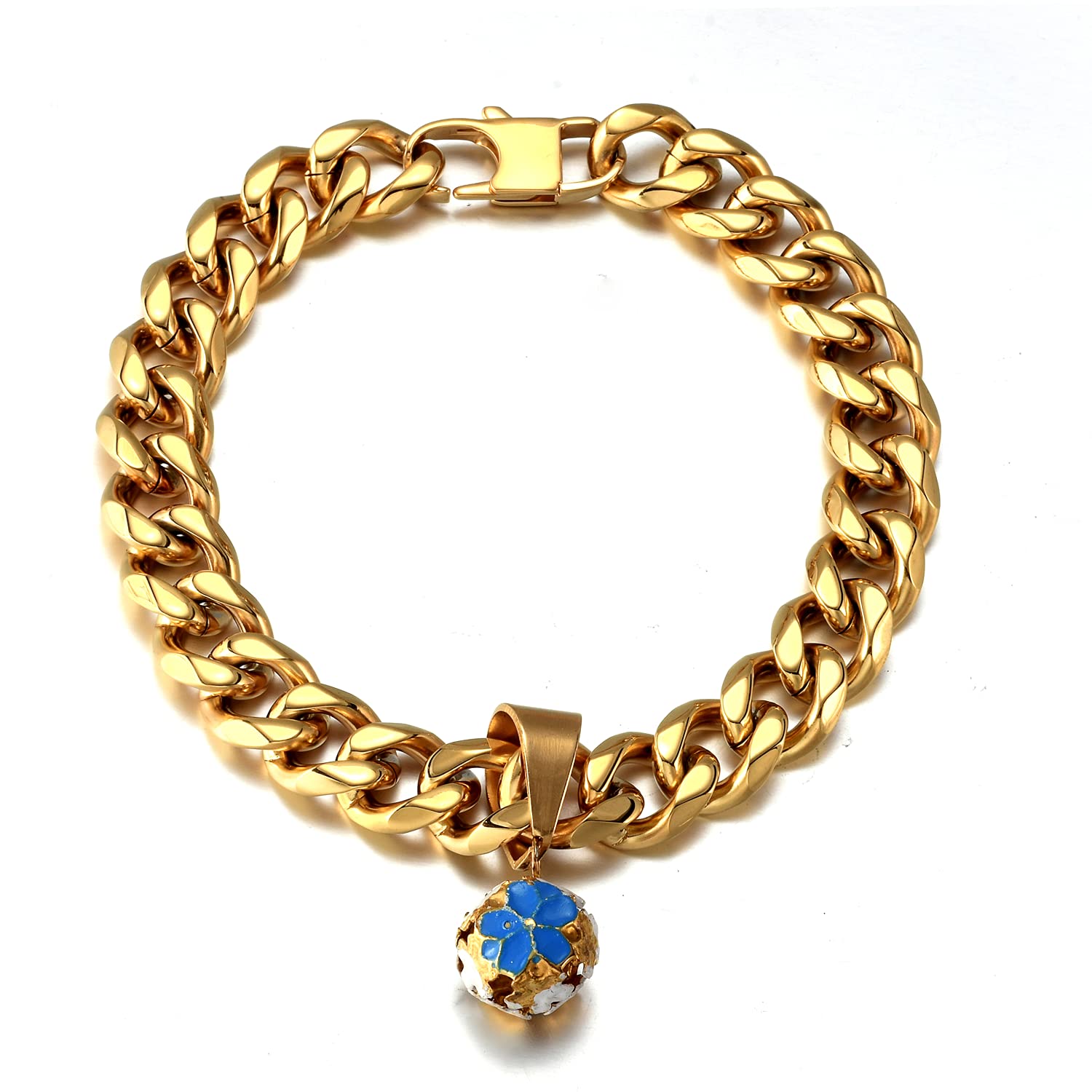 18K Gold Cat Dog Collar Kitten Puppy Wide Stainless Steel Kitten Choker Curb Chew Proof Cuban Link 1/2inch Chain with Blue Flower Clover Bell (8 inch)…