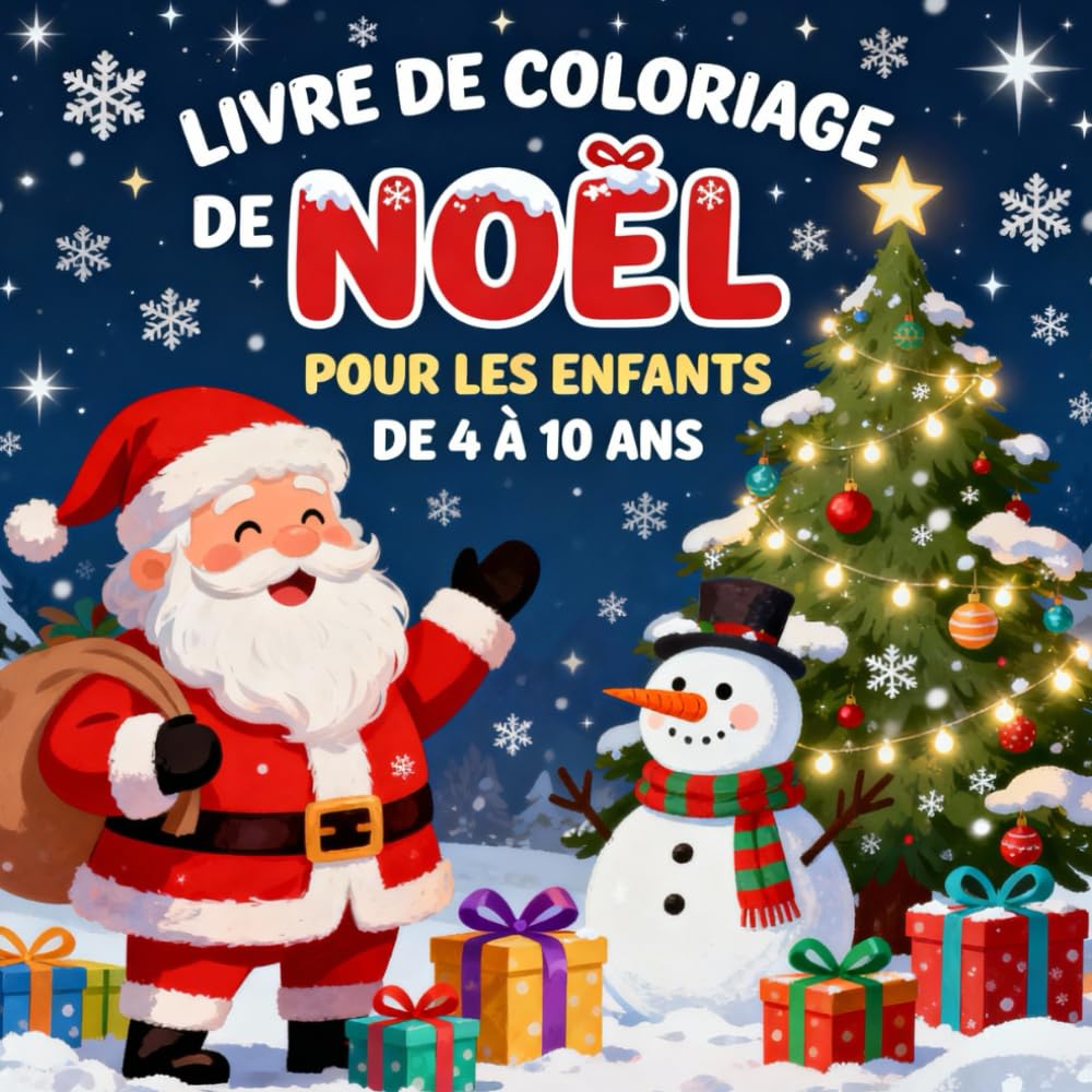 Livre de coloriage de Noël pour enfants dès 4 ans: 50 dessins faciles et mignons à colorier avec le Père Noël, les rennes, les sapins et les bonhommes ... parfaite et activité créative pour les fêtes