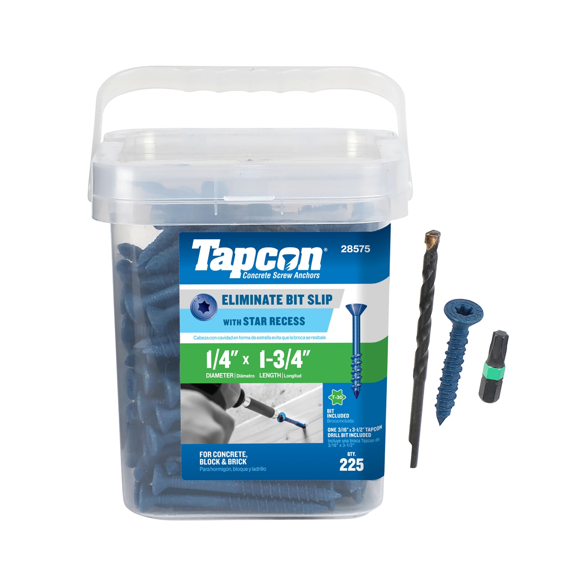 Tapcon 28575 1/4x1-3/4 Blue Star Drive Bugle Head Anclajes de hormigón 225/Caja