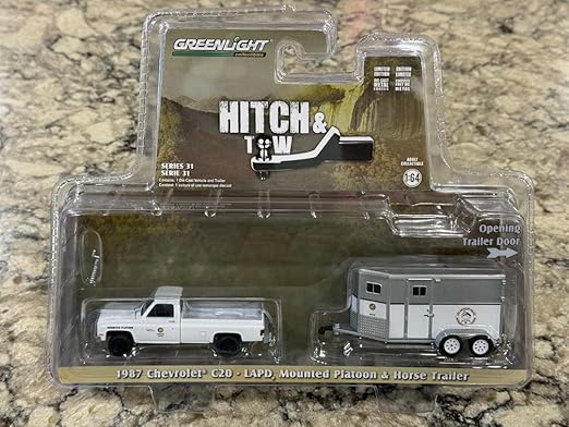 Greenlight Collectibles 1/64 1987 C20 w/Horse Trailer LAPD Search & Rescue Mounted Hitch Tow 32310-C Diecast Collectible Vehicle Model Truck