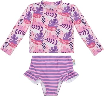ALVABABY Long Sleeve Rashguards, Baby/Toddler Girls Swimsuit Sets, UPF 50+ Sun Protection 2 Piece Bathing Suit with Zipper