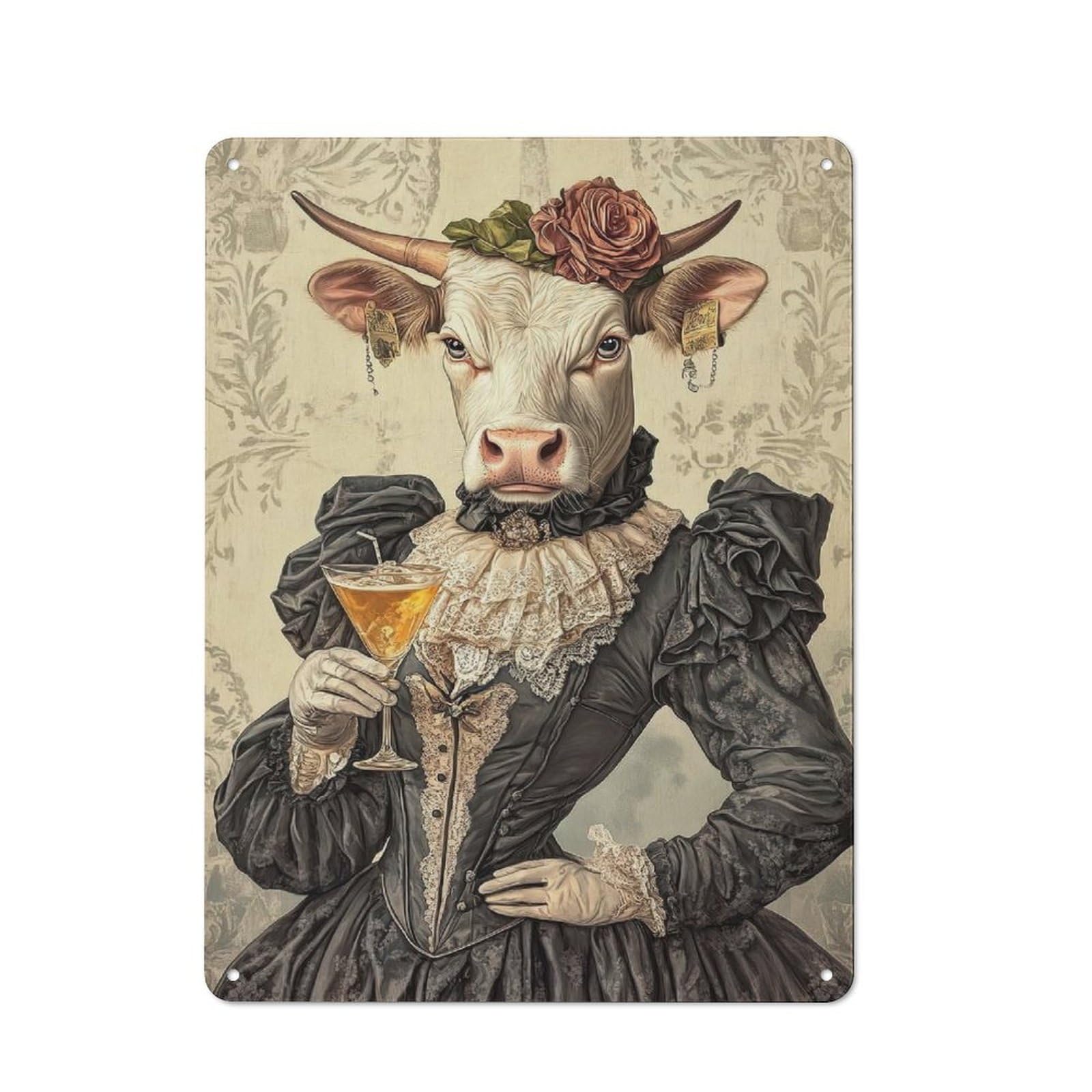 Junmoney Cow In Victorian Dress Retro Metal Wall Sign 40X30cm For Studio Or Craft Room, For Metal Sign Collectors, For Garage And Workshop Walls