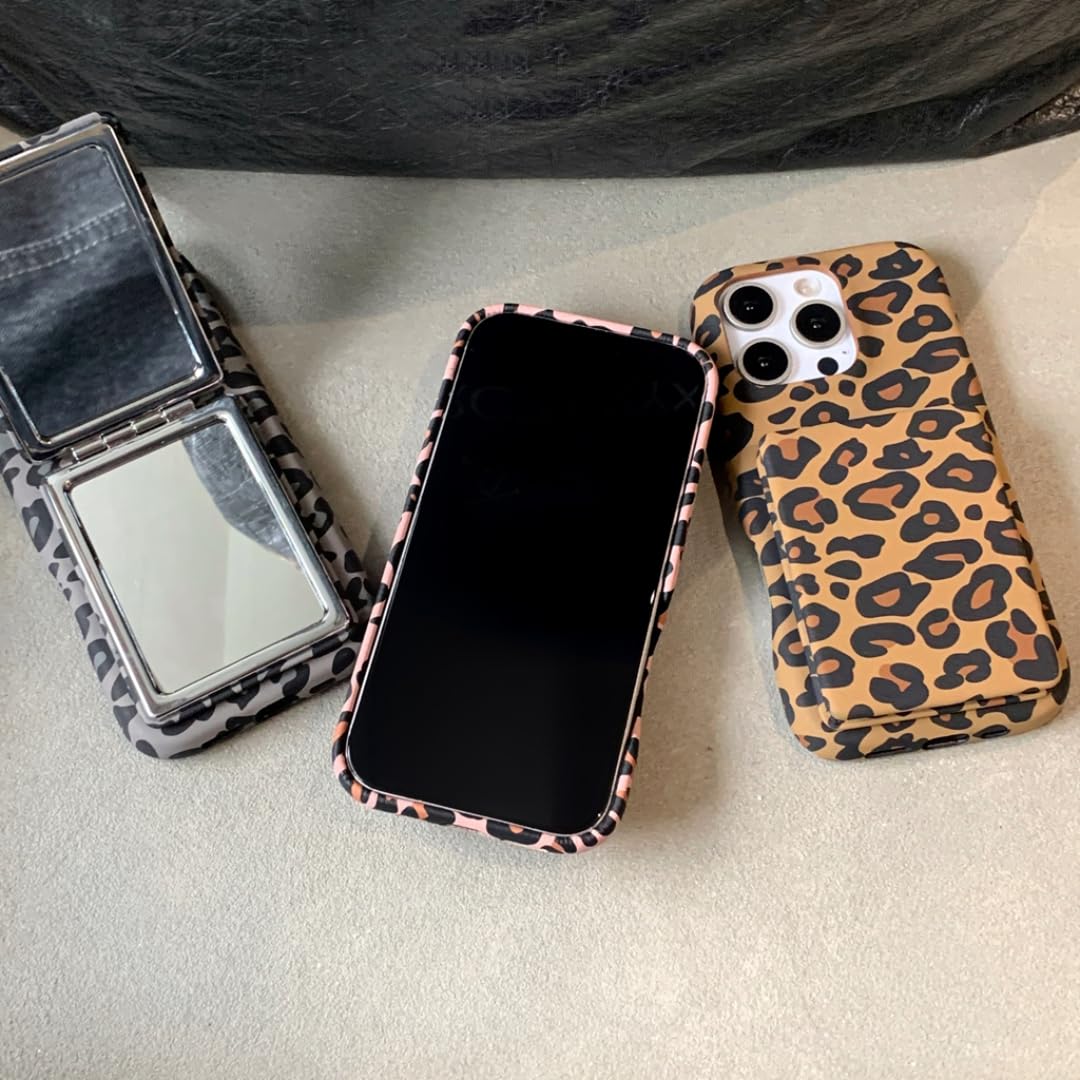 Specchietto per il trucco con supporto e motivo a righe per iPhone 14 Pro Max (per iPhone 14 Pro Max/Marrone scuro)