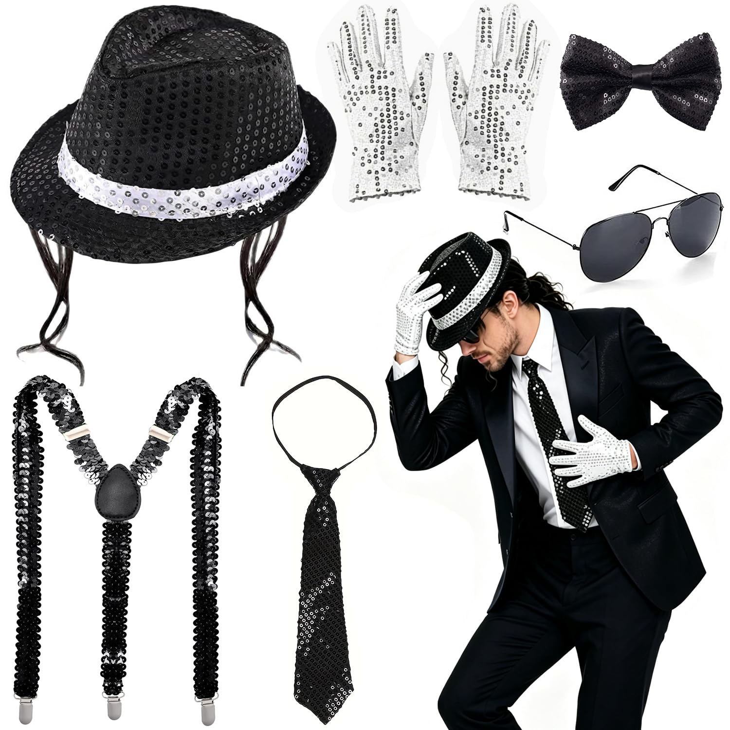 MJ Costume Accessories Adults Disco Costume Set 80s Dancer Rocker Star Cosplay Fancy Dress Accessories with Jazz Sequin Hat Glove Strap King of Pop Fancy Dress Set for Carnival Dance Party-E