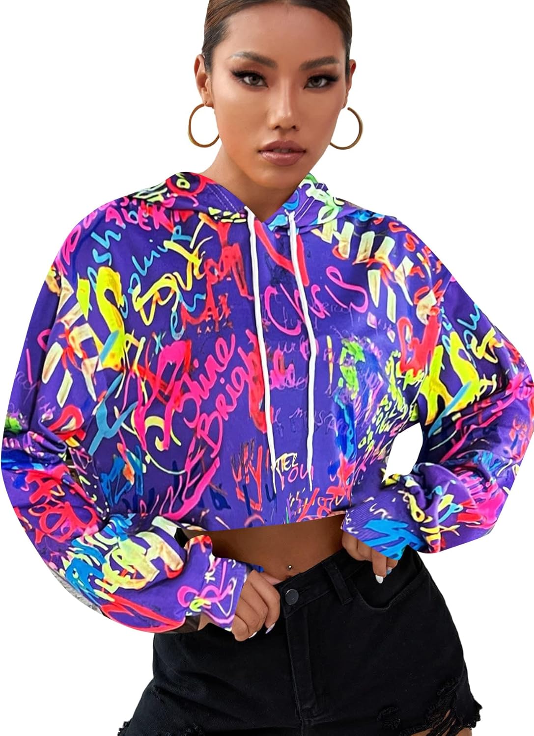 OYOANGLE Women’s Crop Hoodie Long Sleeve Fashion Graffiti Print Hooded Sweatshirt Pullover Top