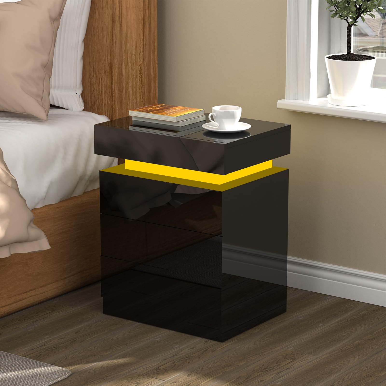 Comodino lucido con luce LED RGB, 3 cassetti, nero comodino in legno, con chiusura a flip-top, per camera da letto, soggiorno(45 x 35 x 61 cm)