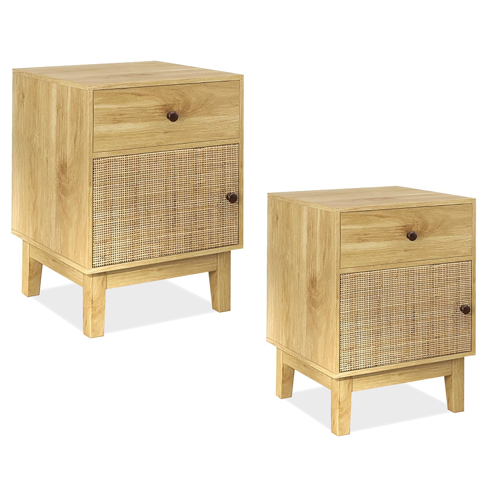 CASART Bedside Table Set of 1/2, Wooden Nightstand Sofa Side Table with Storage Drawer & Cabinet, Rattan Square Bedside Cabinet End Table for Living Room Bedroom (2, Natural)