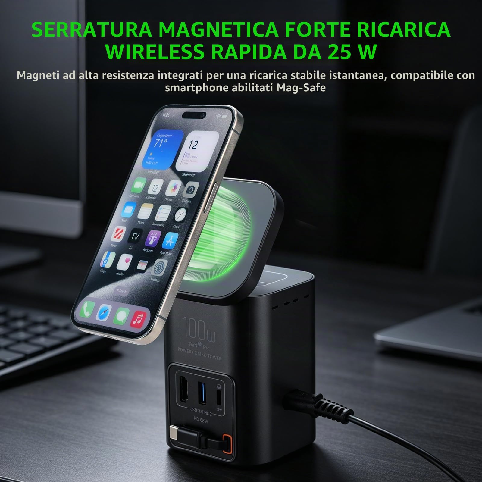 Caricatore USB C 100W da 6 in 1, Stazione di Ricarica con Caricatore Wireless Qi2.2 25W Cavo USB-C Retrattile 65W e Porta USB-C 65W e HDTV 2.1 8K e Hub USB 3.0 per iPhone 17 Samsung Galaxy Laptop ecc