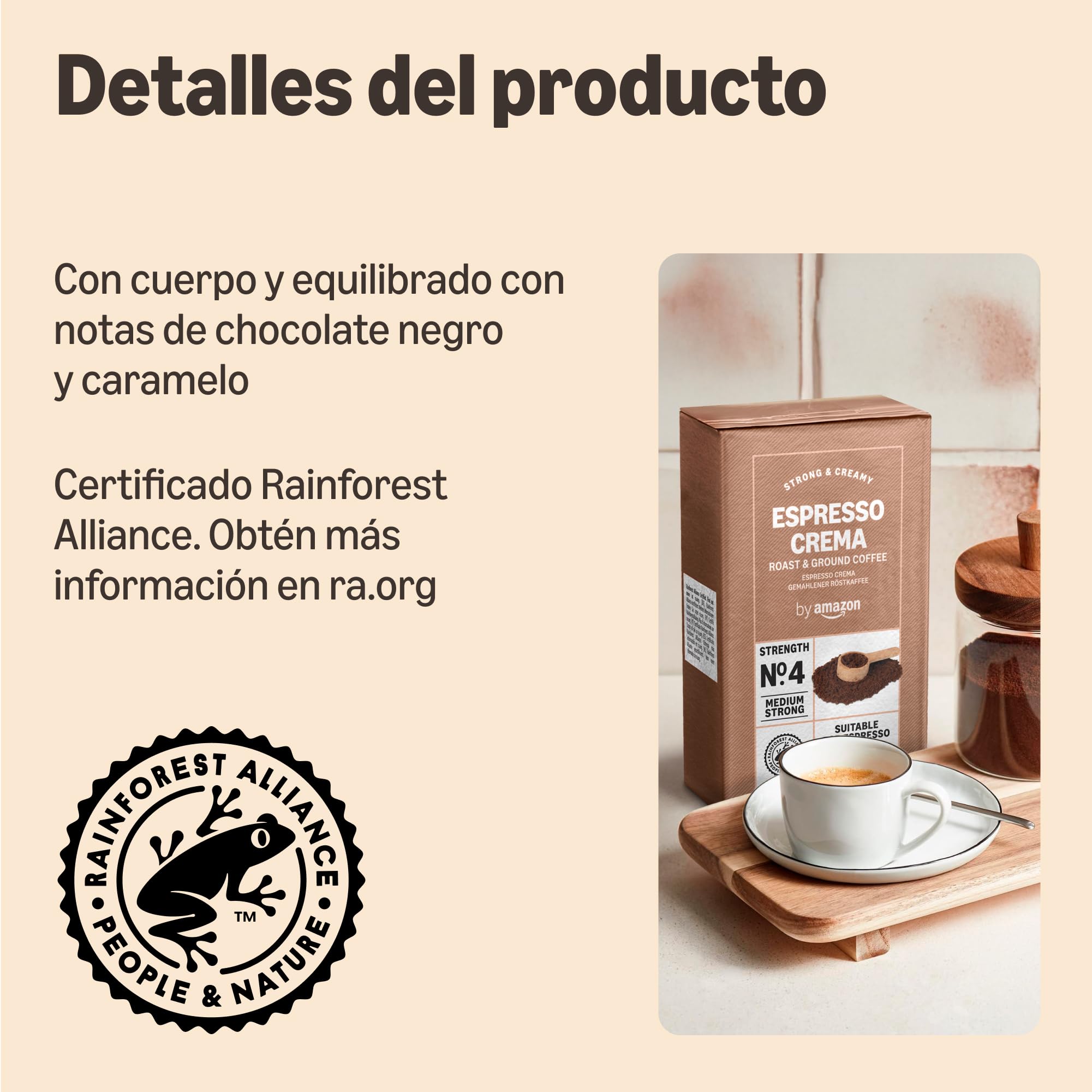 by Amazon Café molido Natural Espresso Crema, 250 g (Paquete de 4), tueste claro - Certificado por Rainforest Alliance