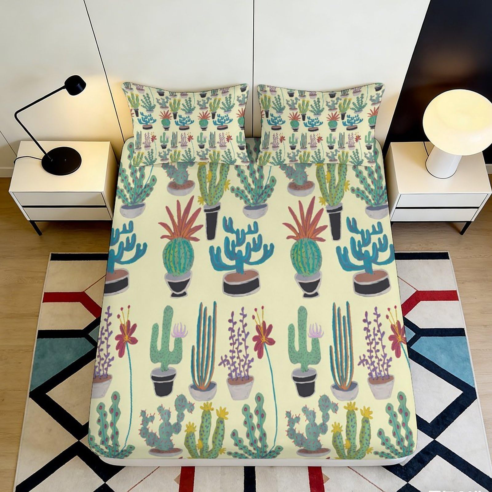 3D Printed Cactus Succulent Fitted Sheet Microfiber Soft Anti-Slip Mattress Cover for Bedroom Dorm Apartment 90x200x25cm
