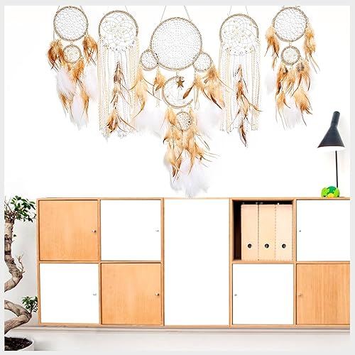 Miniatura 7 de Paquete de 5 atrapasueños, diseño de sol y luna, grande, hecho a mano, bohemio, para colgar en la pared, con plumas decorativas para niños y niñas,