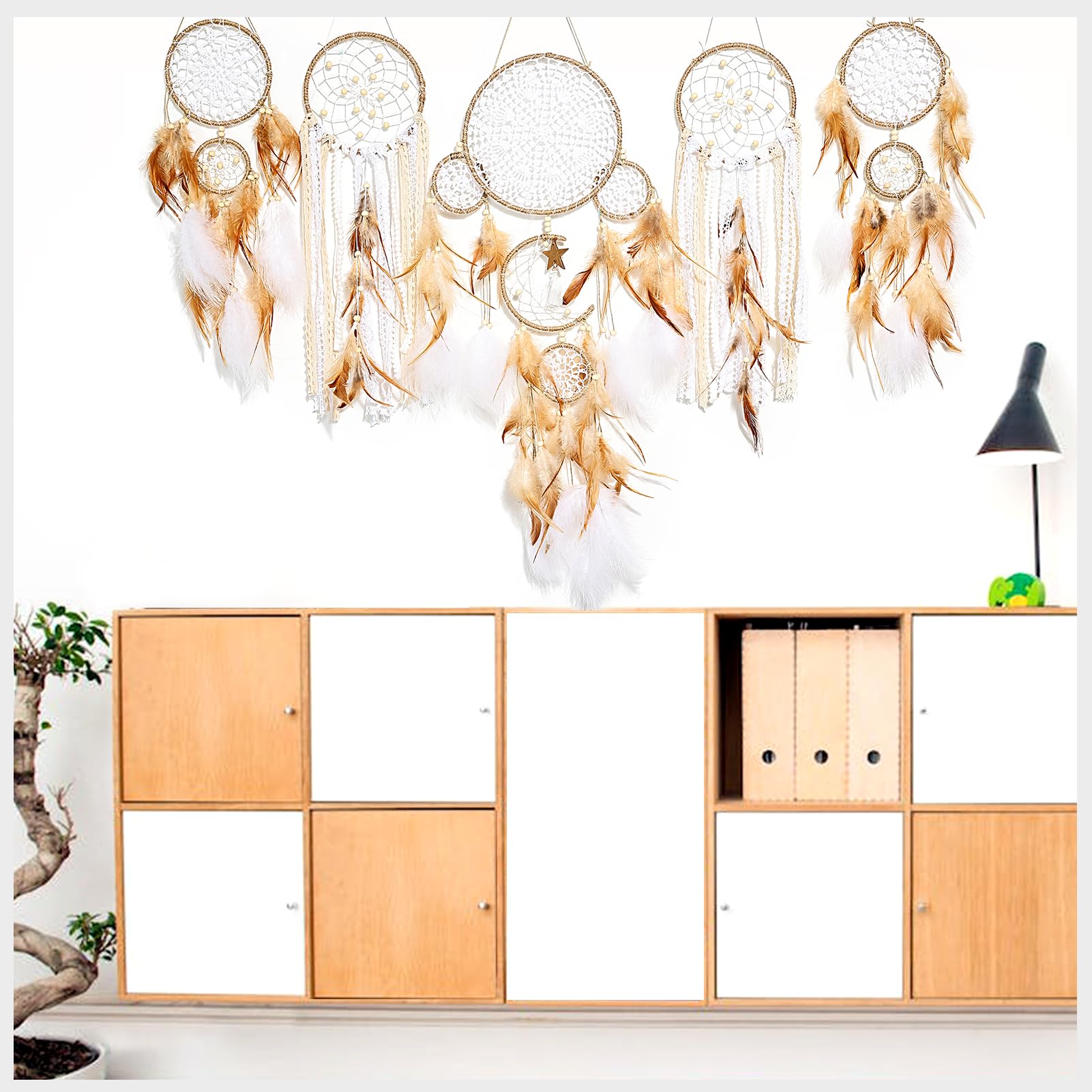 5 Stück großer Traumfänger Mond Sonne Boho Wandbehang Dekor Makramee Traumfänger Ornament Handarbeit Weben Federn Home Zimmer Dekoration Handwerk Geschenk