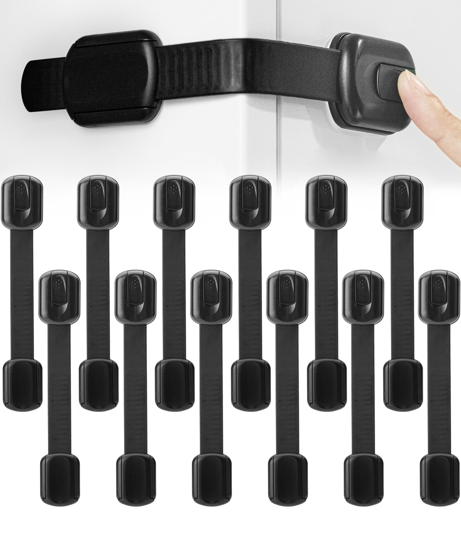 Bates- Child Safety Strap Locks, 12 Pack, Black, Baby Cabinet Locks with Adjustable Strap Length