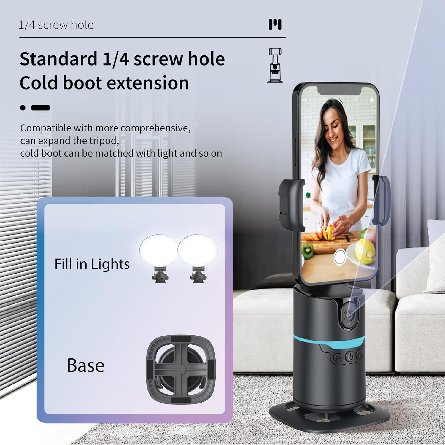 Auto Face Tracking Tripod Desk Mount with 2 Fill Lights 360° Rotating Phone Holder for iPhone, Smart AI Motion Tracking Phone Stand, Gesture Control, No App, Rechargeable Content Creator Essentials