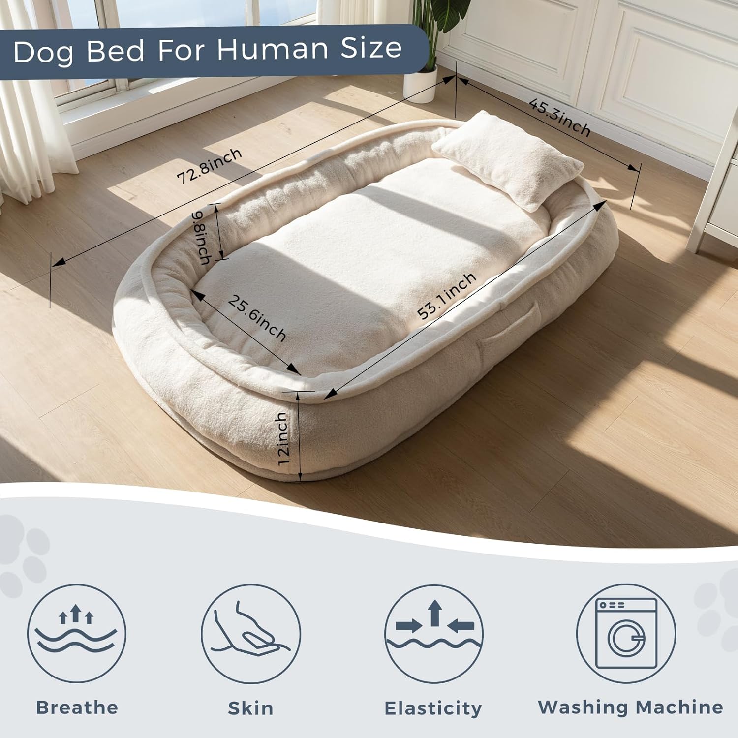 review MAXYOYO Human Dog Bed with Pillow, Giant Bean Bag Bed for People Adults, Extra Large Size Dog Bed for Pets, Cozy Nap Bed with Handle, Removable Cover, Grey, 72.8