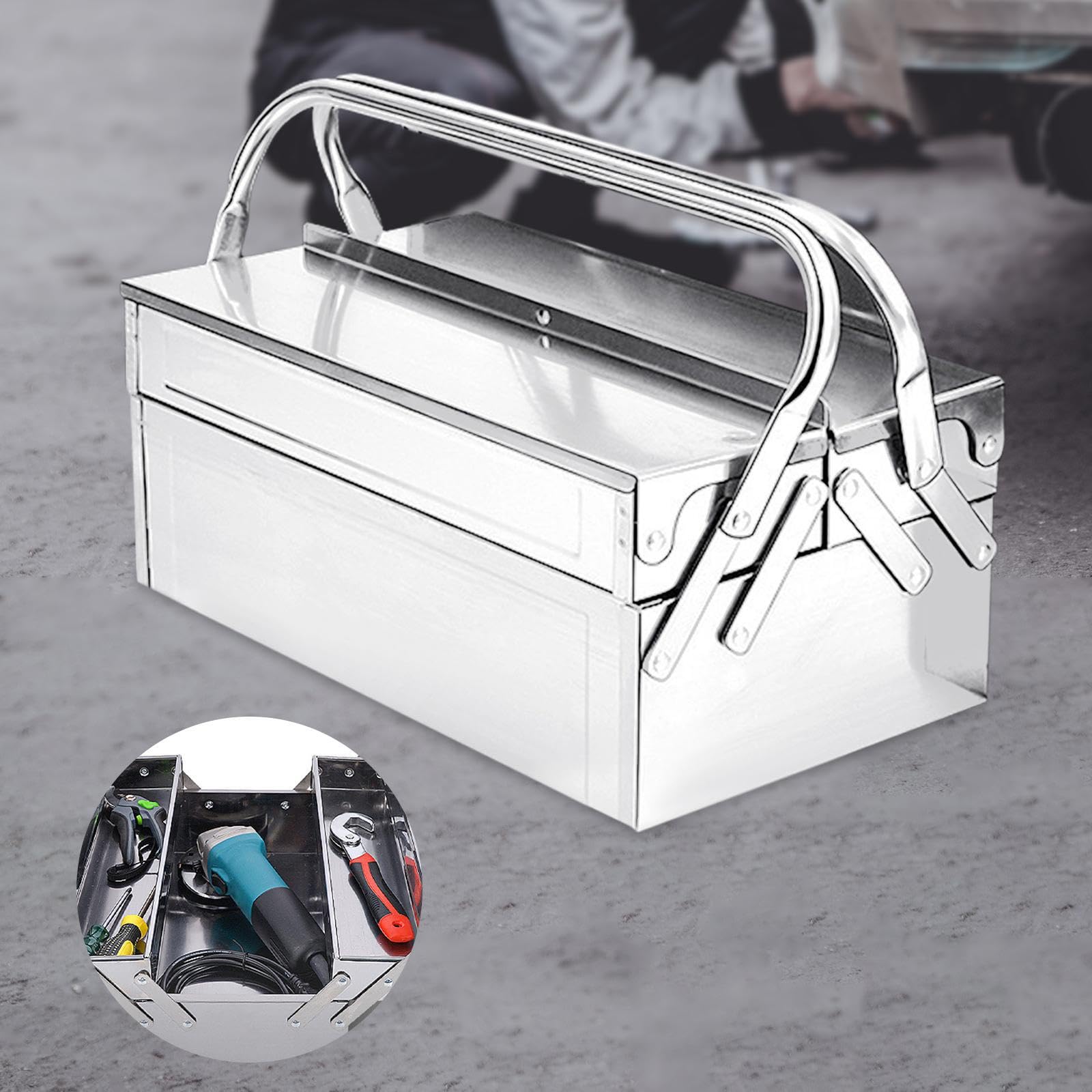 Scatola portautensili in Acciaio Inossidabile, Organizer per impieghi gravosi, con Maniglia Portatile, per Garage e Officina, Resistente all'Usura, con Chiusura e Maniglia Portatile.