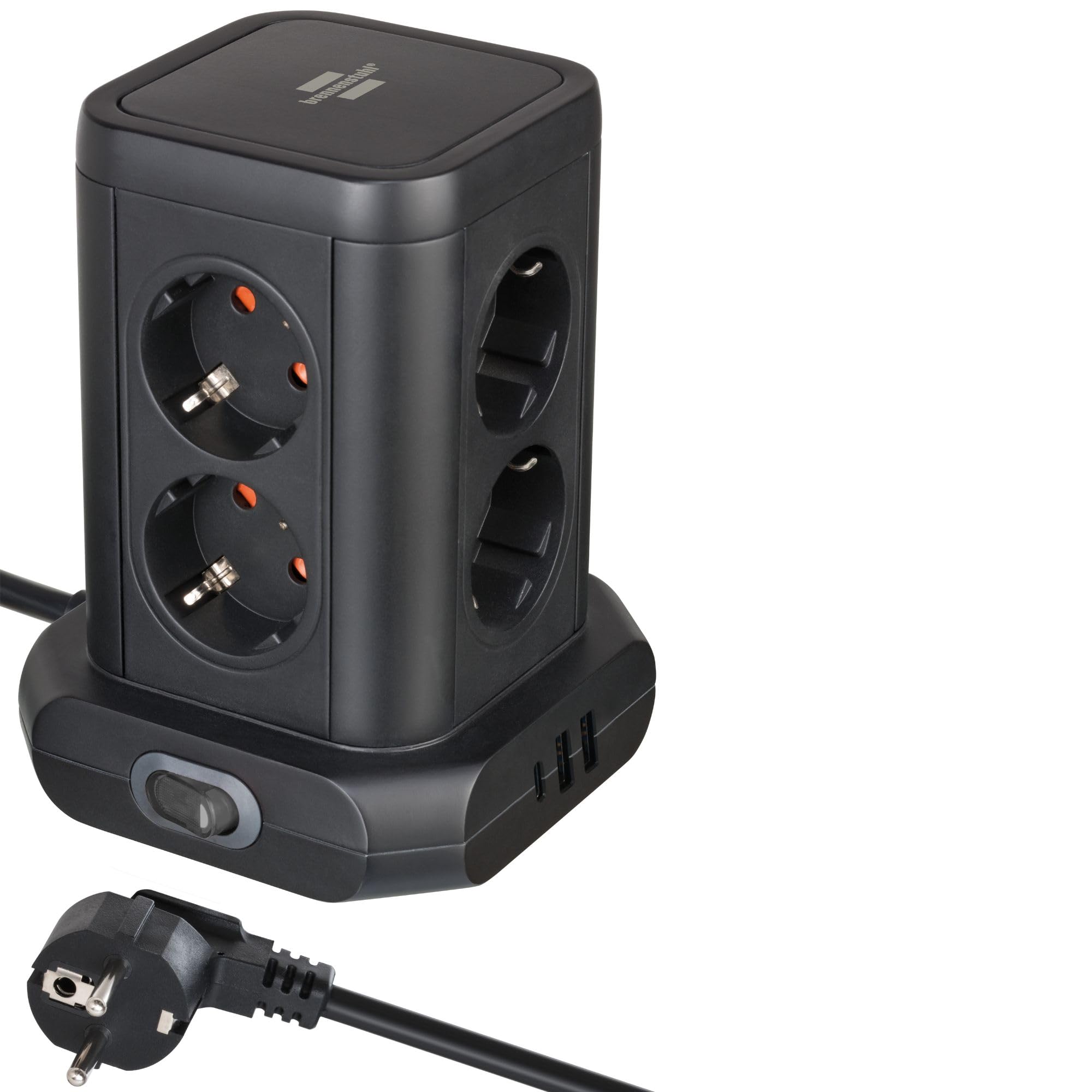 Brennenstuhl Steckdosenturm 8-Fach mit USB (Steckdosenblock 8-Fach mit 2X USB A & 1x USB C Power Delivery zum Schnellladen, Steckdosen in 45°-Anordnung, 2m Kabel) schwarz