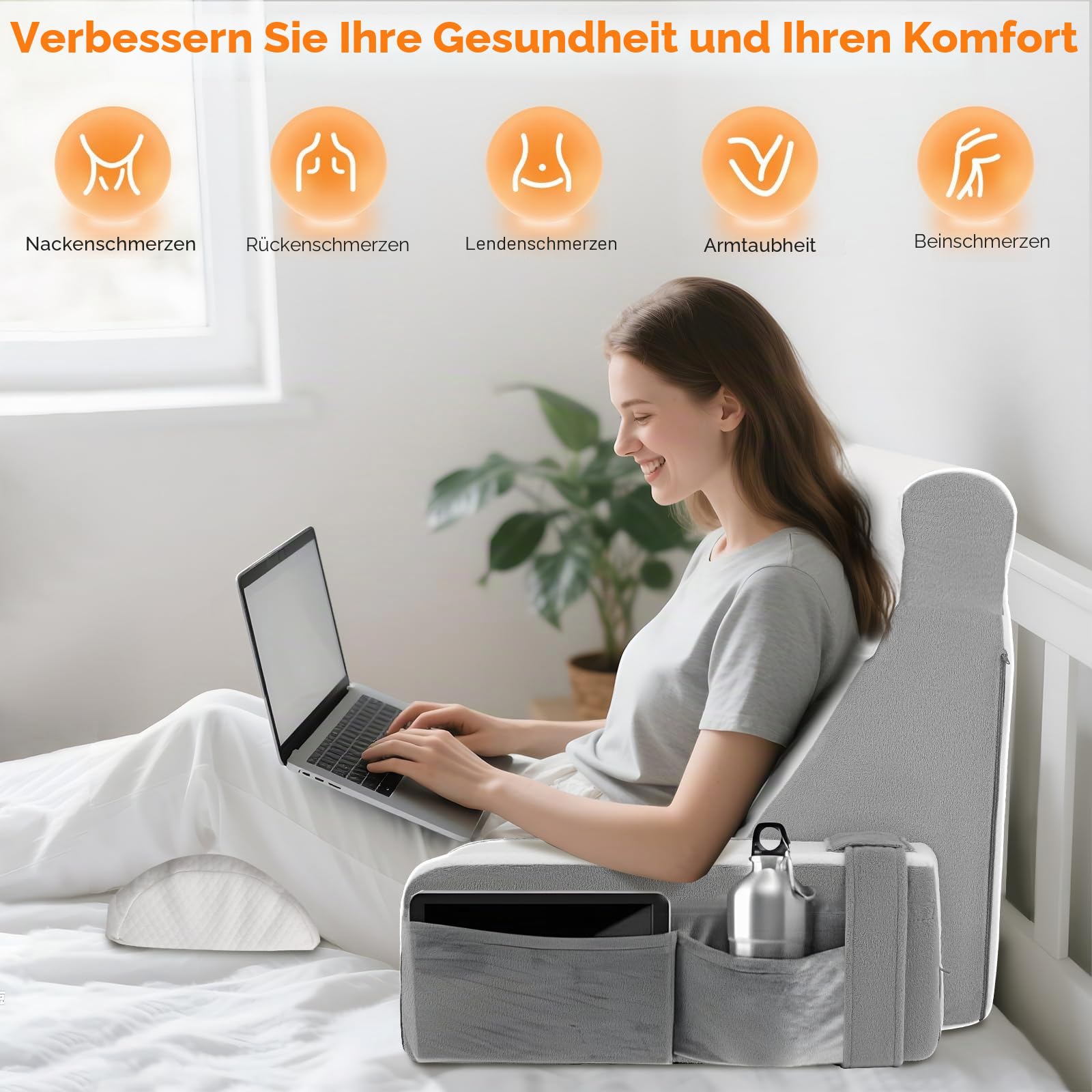 Lesekissen für Bett und Sofa, Rückenkissen aus Memory Foam mit Nackenkissen und Abnehmbaren Armlehnen, Erwachsenen Rückenkissen zum Lesen Fernsehen Videospiele