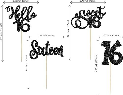 Miniatura 9 de Decoración para tartas de 16 años con purpurina para cumpleaños de 16 años, decoración para felicitaciones a 16 años de edad, suministros de