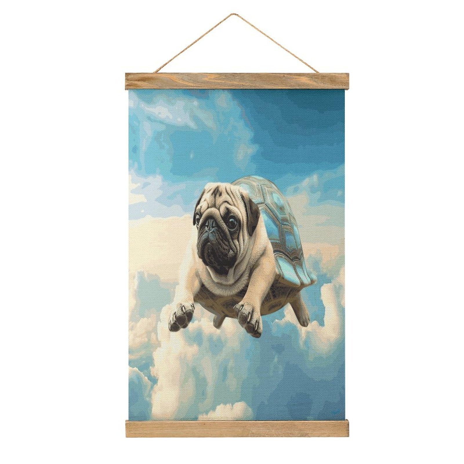 JTREHY Funny Turtle Pug Dog in The Sky Linen Hanging Painting Vintage Poster Wall Art Prints Personality Style Wall Hanging Poster for Living Room Office Bedroom Decor Frame 13.2 X 20.47 Inch