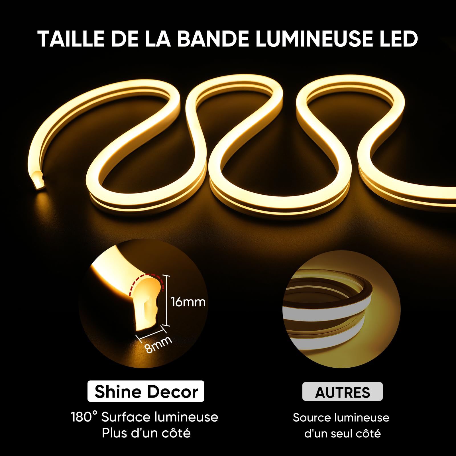 Shine Decor Neon Ruban LED 10m, 230V Bande lumineuse, IP65 Etanche, 10W/M, 350LM/M, 120 leds/m Neon LED Strip pour Décoration Maison Cuisine Jardin Eclairage LED (Blanc Chaud)