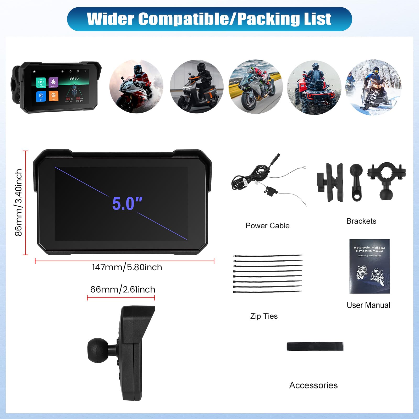 Motorrad Navigationssystem mit CarPlay Bildschirm, kabellosem CarPlay Android Auto, Tragbarem, Wasserdichtem 5 Zoll Touchscreen Motorrad Navigationssystem mit Bluetooth Siri