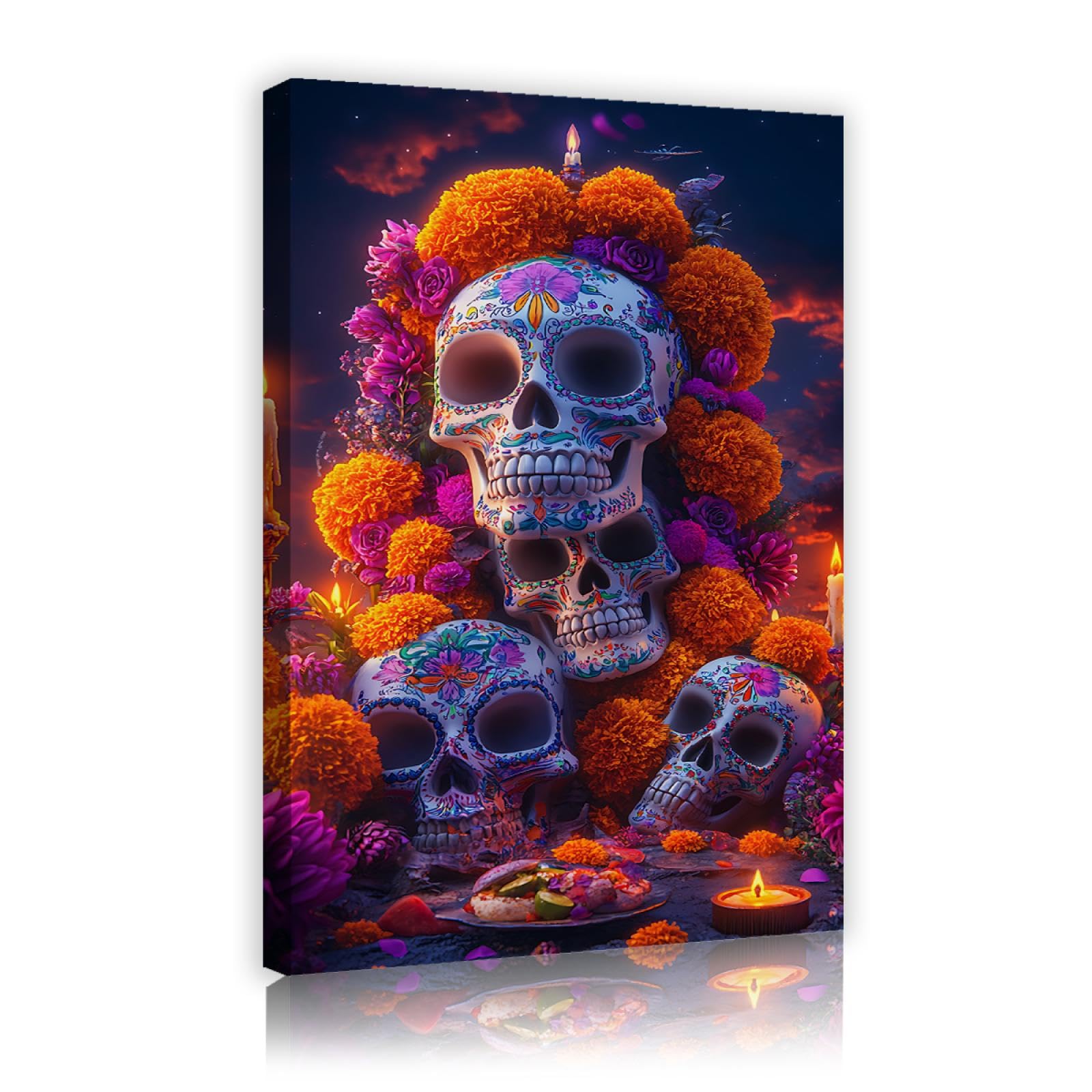 YUNART Dzień zmarłych ułożone czaszki cukru płótno sztuka ścienna plakaty nagietki i świece zdjęcia na ścianę do galerii dekoracji baru 35 x 52 cm rama wewnętrzna