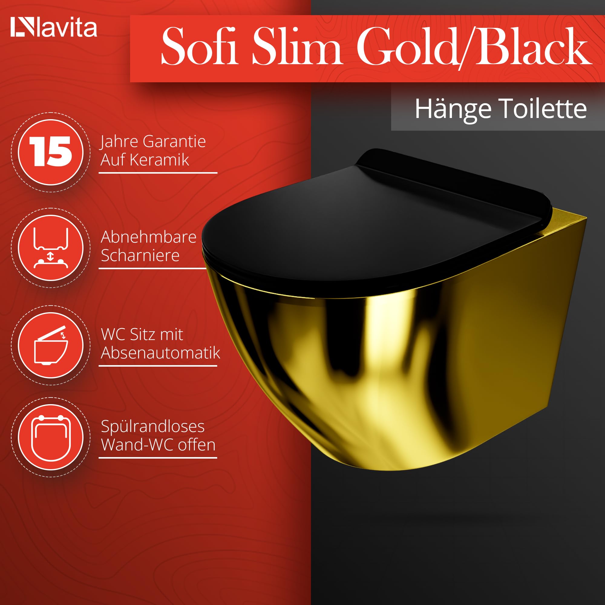 Lavita Vorwandelement Solido Start + Wand Hänge WC Sofi Slim Gold/Black Spülrandlos + WC Sitz mit Absenkautomatik Verchromter Knopf Komplettset Unterputz Spülkasten Toilette Komplett Sett WC