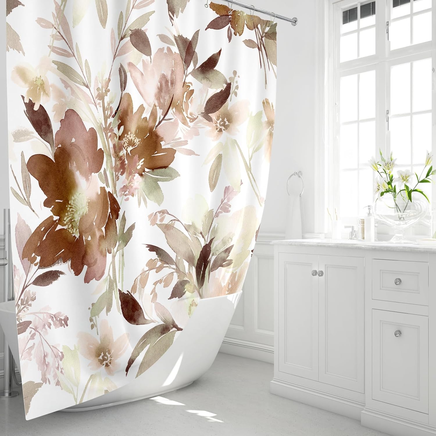 MAYZUS Extra Long Shower Curtain 72 x 84 Inch, Tall Watercolor Floral Fabric Shower Curtain, Modern Abstract Brown Flower Bathroom Shower Curtain Set with Hooks