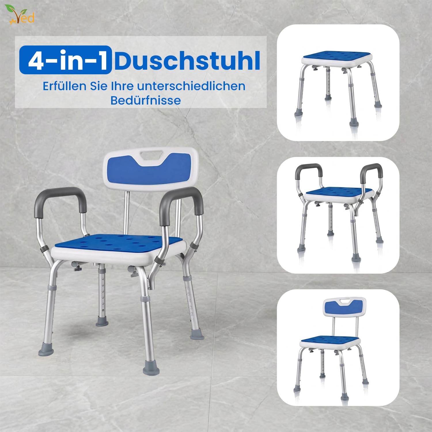 VED Duschstuhl | 6-Fach höhenverstellbare Duschbank | Inklusive gepolsterter Armlehne | rutschfeste Füße | Badewannenhocker für Senioren, Behinderte und Schwangere,(330 lb Capacity 43D x 12W x 50.6H)