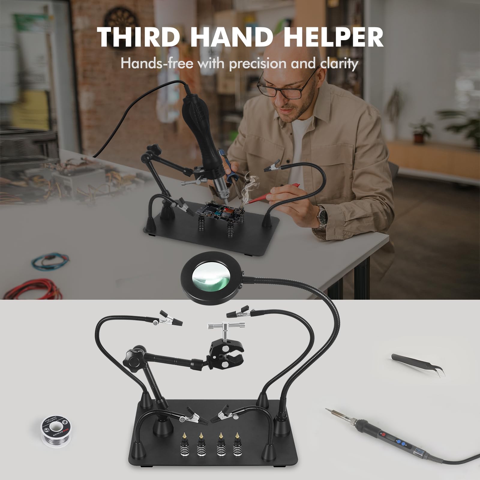 Mains secourables, troisième main à souder, support de carte de circuit imprimé avec lampe loupe 3X LED, support de pistolet à air chaud, bras métalliques flexibles et base robuste
