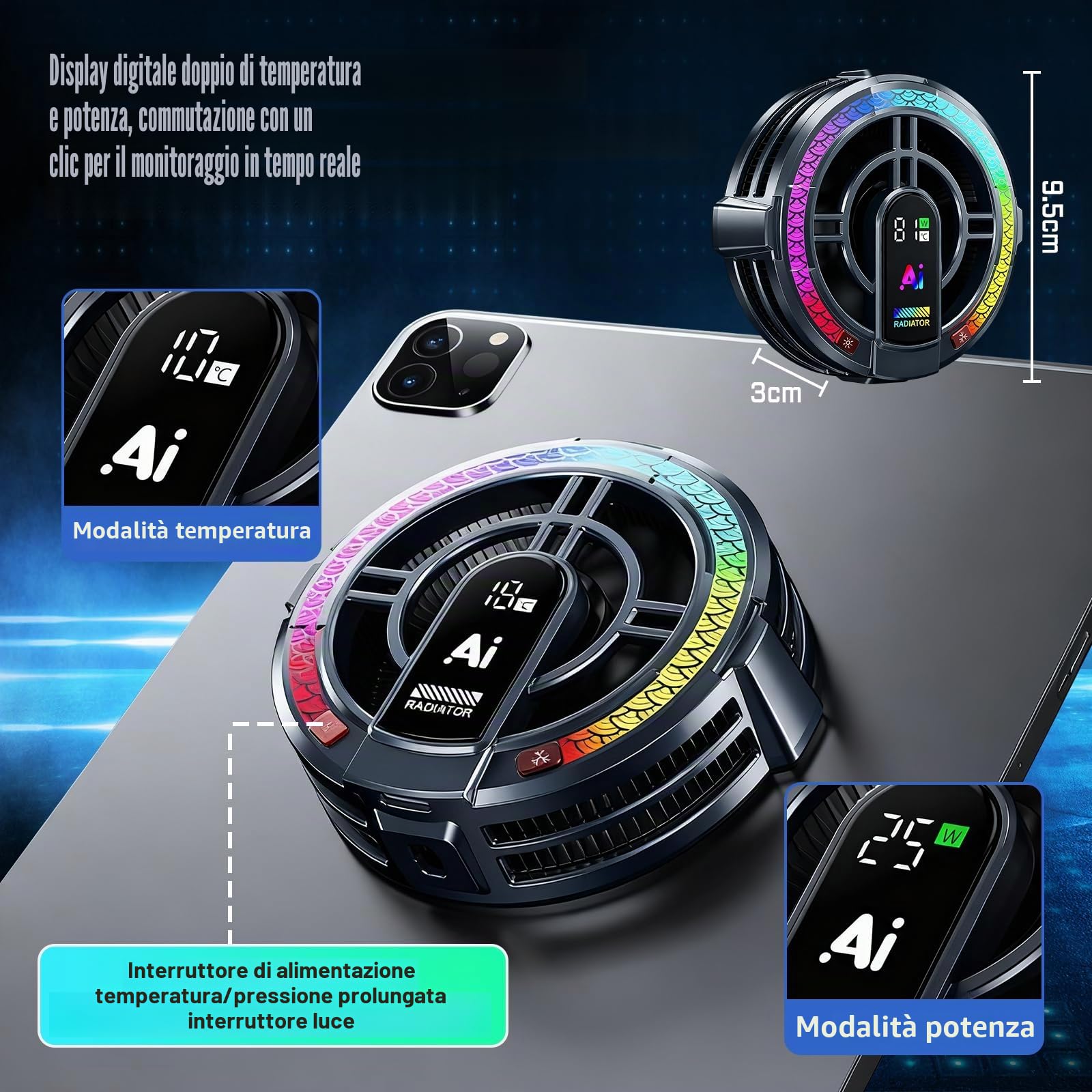 Frigorifero per Tablet,4 Modi di Raffreddamento,Frigorifero Magnetico per Cellulare,Frigorifero per Laptop,Riscaldatore Universale per Cellulare/Tablet/IPad,Per Giochi Mobili, Tiktok Live-Streaming