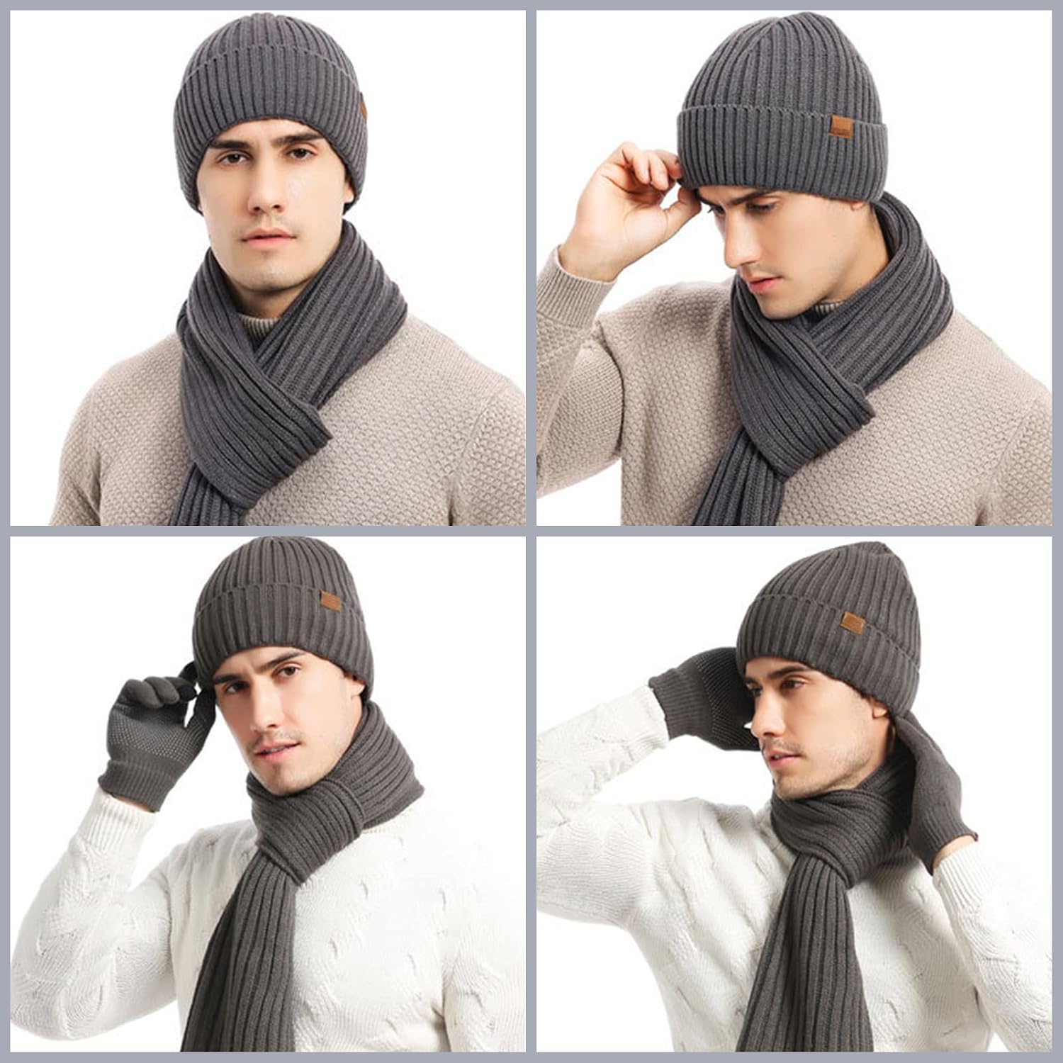 3PCS Winter Unisex Hat Scarf Gloves Set Warm Knit Beanie Hat Touchscreen Gloves Long Scarf Outfit for Men and Women